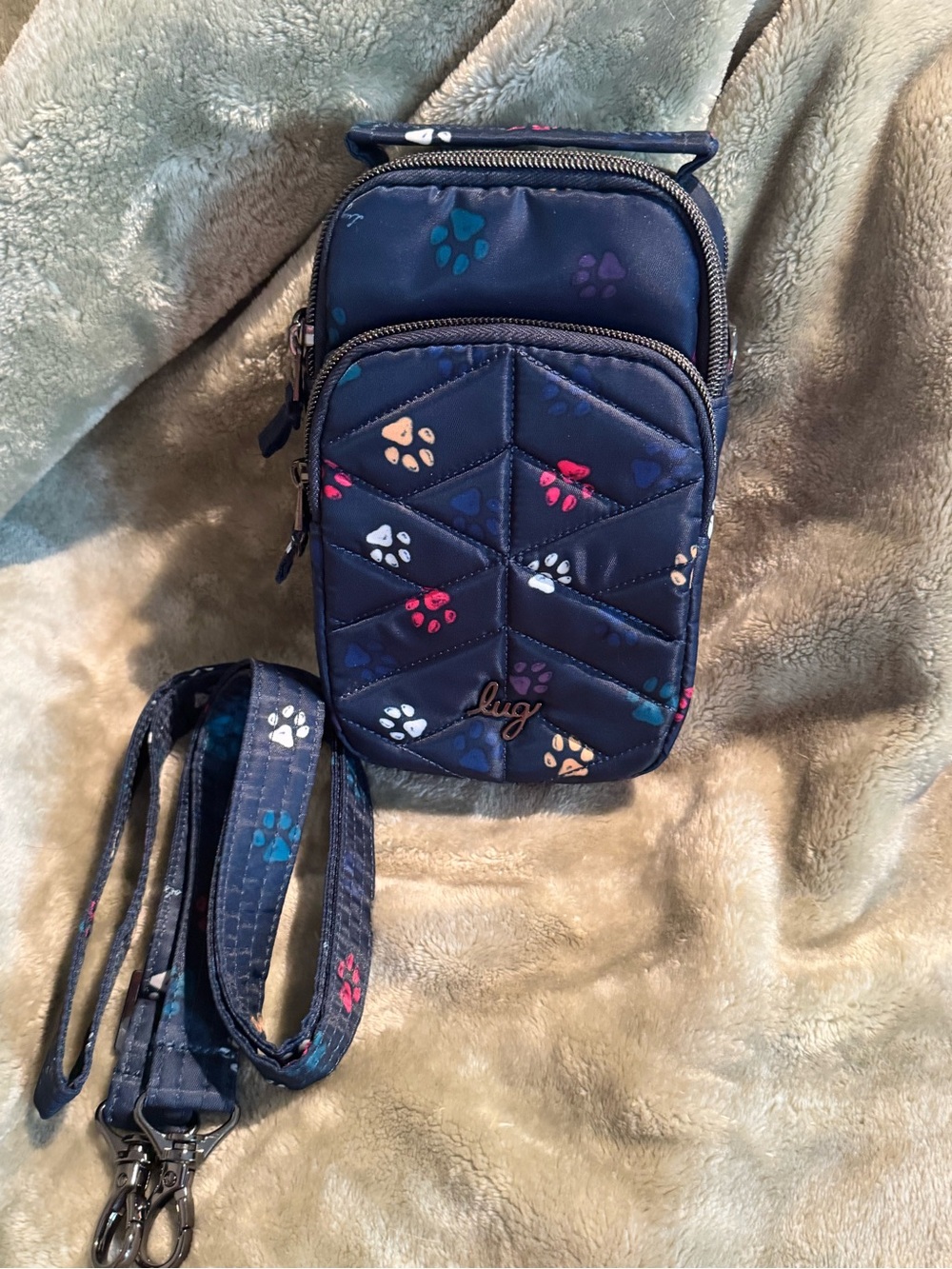 lug Navy Crossbody Phone Bag with Multicolor Paw Prints